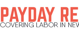 Payday Report Logo: Shows a circle with a few picket signs and the hands of those holding them behind with a megaphone coming coming in from the side in front. To the right it reads: Payday Report Covering Labor in News Deserts